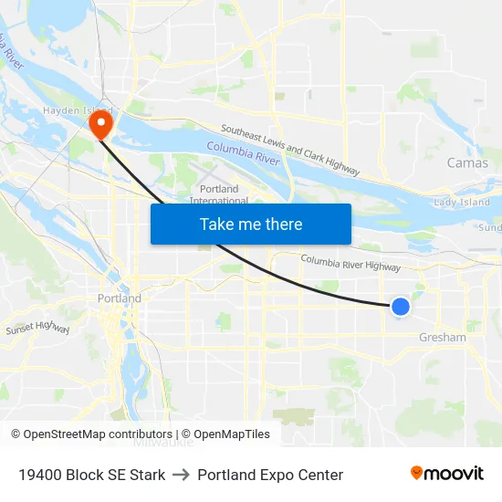 19400 Block SE Stark to Portland Expo Center map