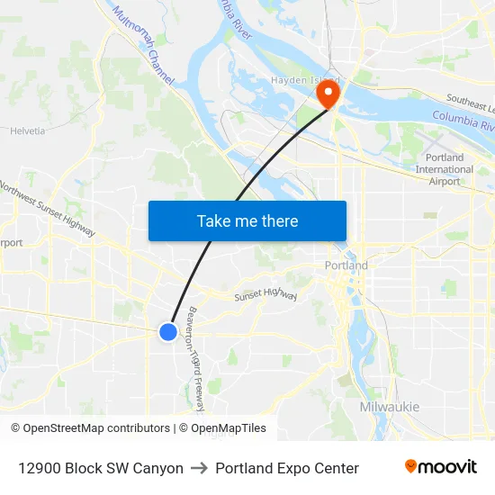 12900 Block SW Canyon to Portland Expo Center map