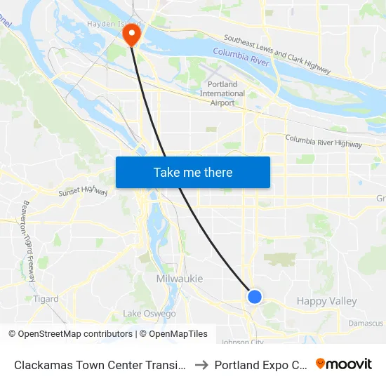 Clackamas Town Center Transit Center to Portland Expo Center map