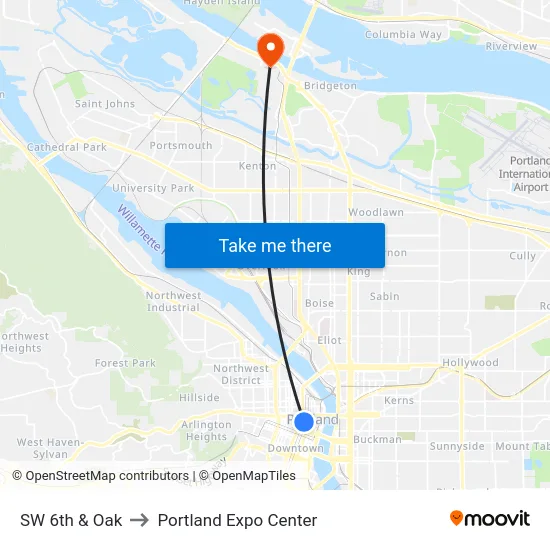 SW 6th & Oak to Portland Expo Center map