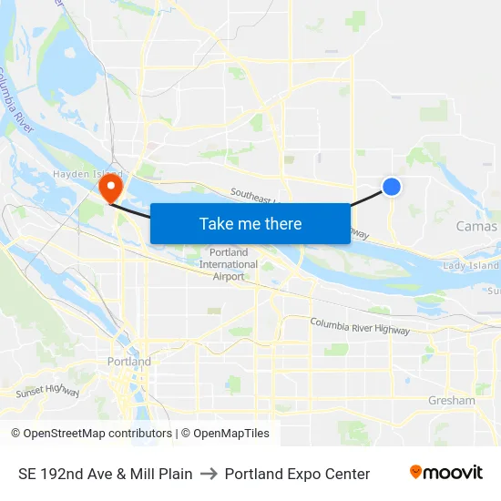 SE 192nd Ave & Mill Plain to Portland Expo Center map