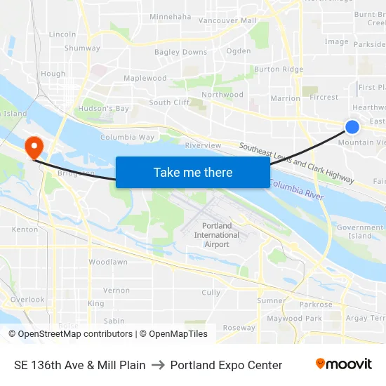 SE 136th Ave & Mill Plain to Portland Expo Center map