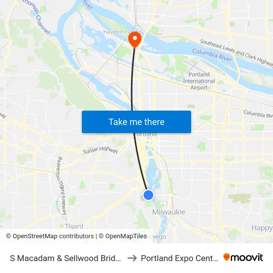 S Macadam & Sellwood Bridge to Portland Expo Center map