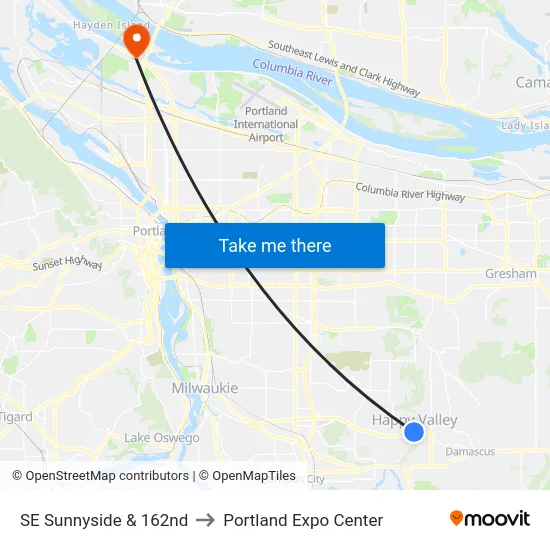 SE Sunnyside & 162nd to Portland Expo Center map