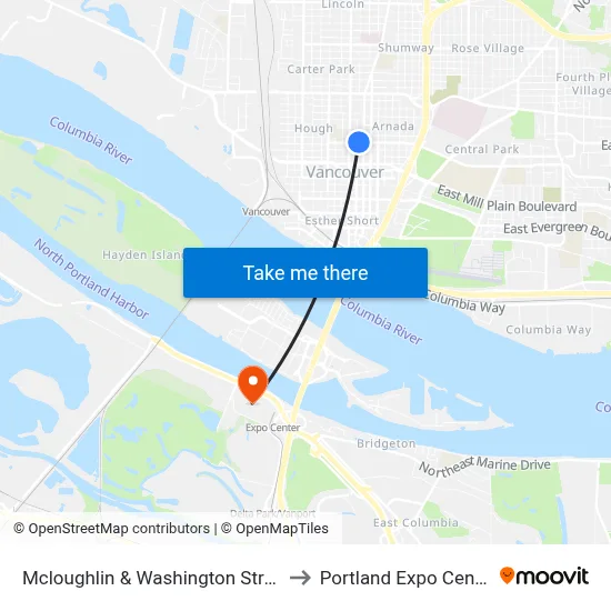 Mcloughlin & Washington Street to Portland Expo Center map