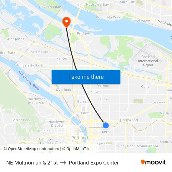 NE Multnomah & 21st to Portland Expo Center map