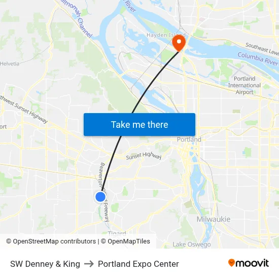 SW Denney & King to Portland Expo Center map