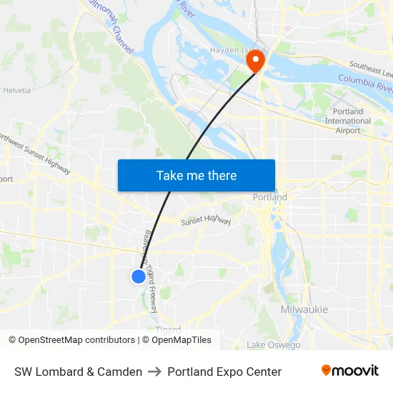 SW Lombard & Camden to Portland Expo Center map