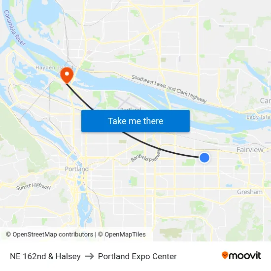 NE 162nd & Halsey to Portland Expo Center map