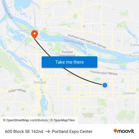 600 Block SE 162nd to Portland Expo Center map