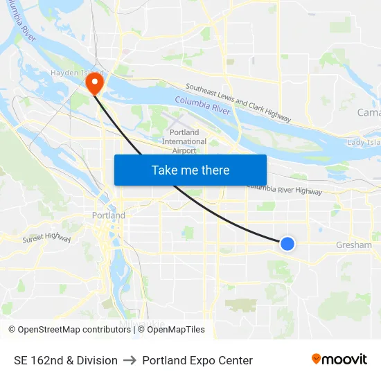 SE 162nd & Division to Portland Expo Center map