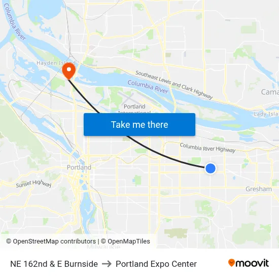 NE 162nd & E Burnside to Portland Expo Center map