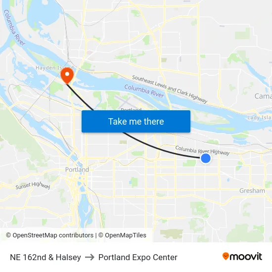 NE 162nd & Halsey to Portland Expo Center map
