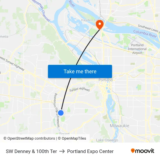 SW Denney & 100th Ter to Portland Expo Center map
