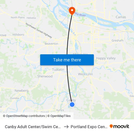 Canby Adult Center/Swim Center to Portland Expo Center map