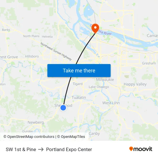 SW 1st & Pine to Portland Expo Center map