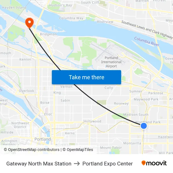 Gateway North Max Station to Portland Expo Center map