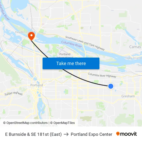 E Burnside & SE 181st to Portland Expo Center map