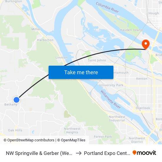 NW Springville & Gerber (West) to Portland Expo Center map
