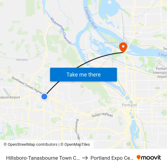 Hillsboro-Tanasbourne Town Center to Portland Expo Center map
