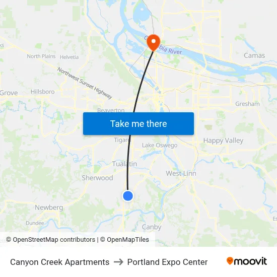 Canyon Creek Apartments to Portland Expo Center map