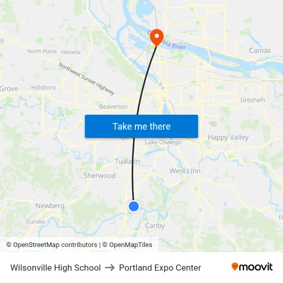 Wilsonville High School to Portland Expo Center map