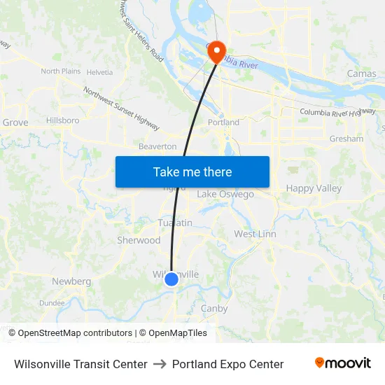 Wilsonville Transit Center to Portland Expo Center map