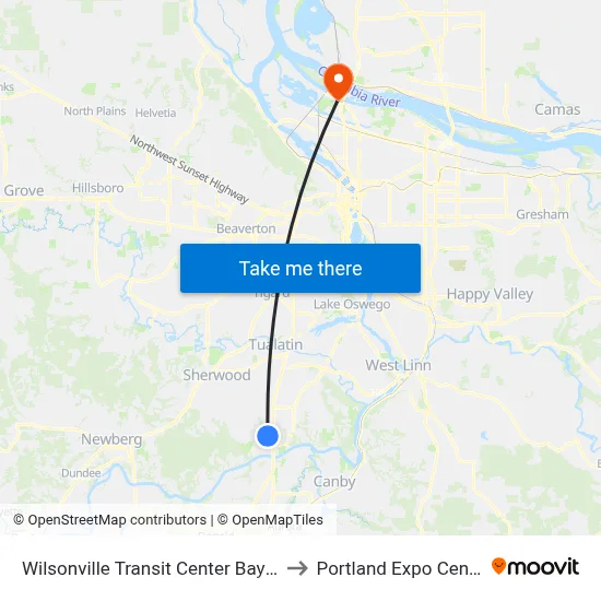 Wilsonville Transit Center Bay 10 to Portland Expo Center map