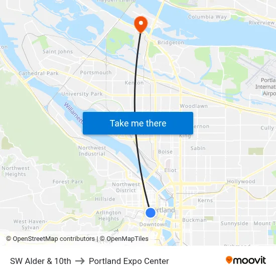 SW Alder & 10th to Portland Expo Center map