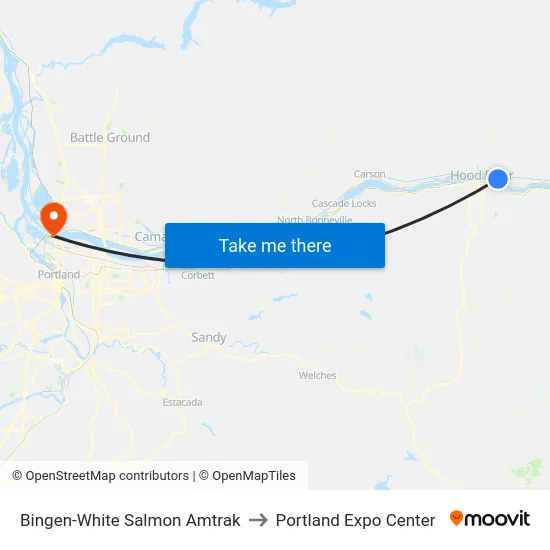 Bingen-White Salmon Amtrak to Portland Expo Center map