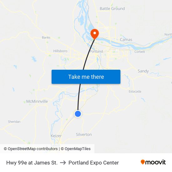 Hwy 99e at James St. to Portland Expo Center map