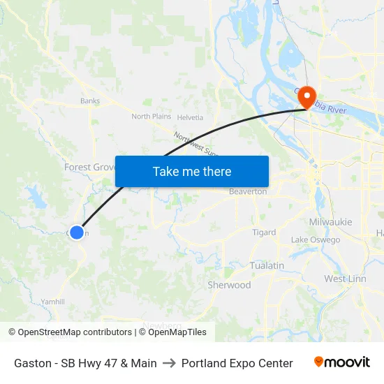 Gaston - SB Hwy 47 & Main to Portland Expo Center map