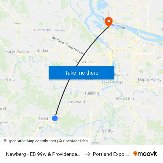 Newberg - EB 99w & Providence/Crestview to Portland Expo Center map
