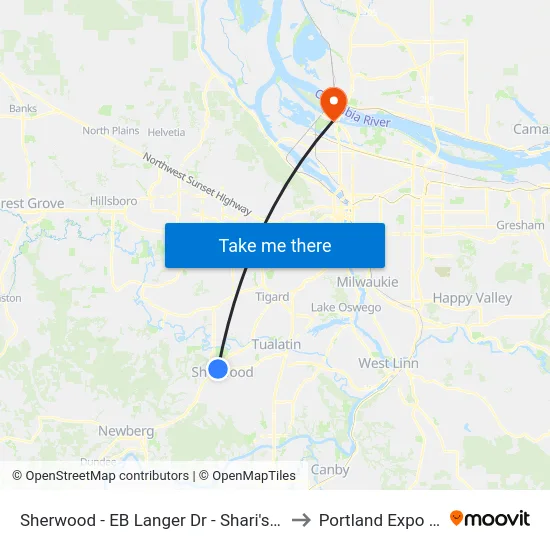 Sherwood - EB Langer Dr - Shari's (Tm 12849) to Portland Expo Center map