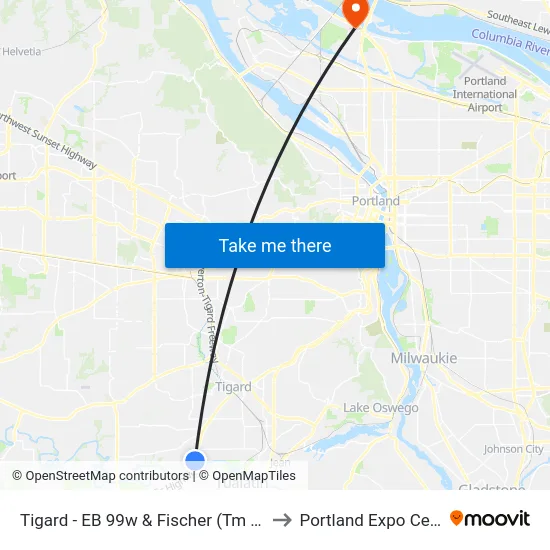Tigard - EB 99w & Fischer (Tm  4258) to Portland Expo Center map