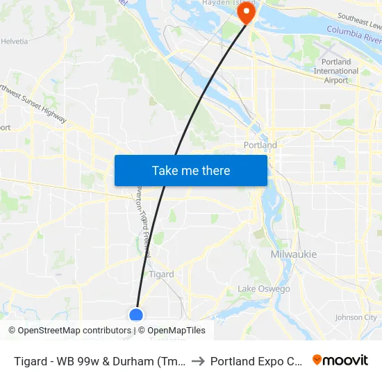 Tigard - WB 99w & Durham (Tm 8644) to Portland Expo Center map