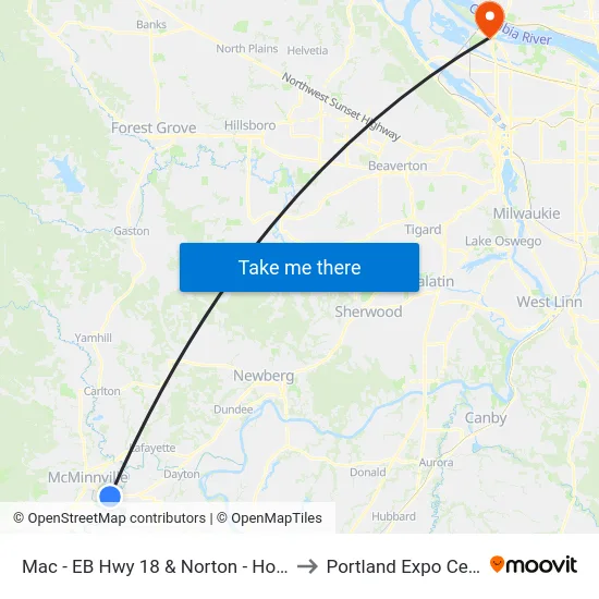 Mac - EB Hwy 18 & Norton - Hospital to Portland Expo Center map