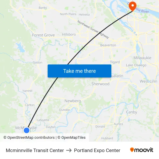Mcminnville Transit Center to Portland Expo Center map