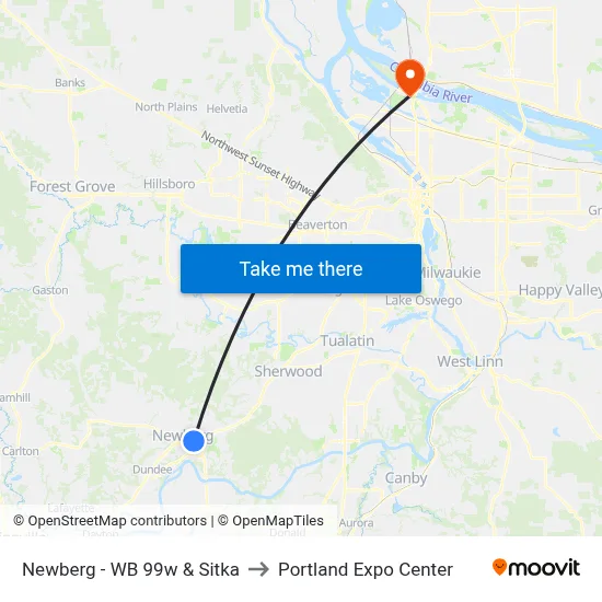 Newberg - WB 99w & Sitka to Portland Expo Center map