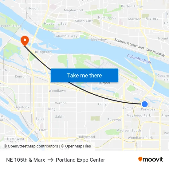 NE 105th & Marx to Portland Expo Center map