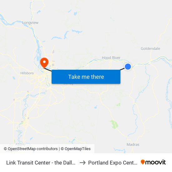 Link Transit Center - the Dalles to Portland Expo Center map