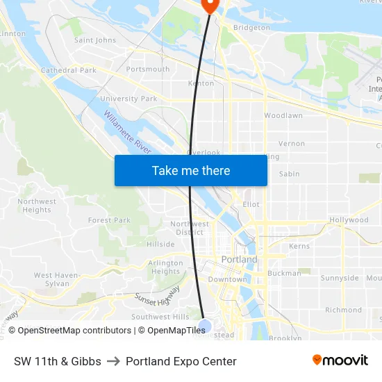 SW 11th & Gibbs to Portland Expo Center map