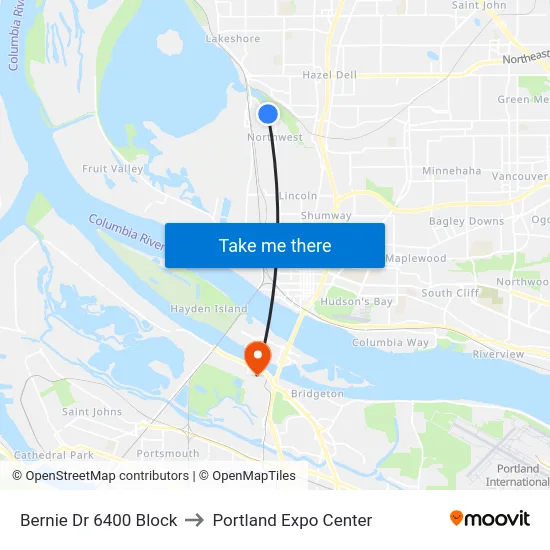 Bernie Dr 6400 Block to Portland Expo Center map