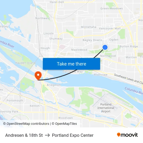 Andresen & 18th St to Portland Expo Center map