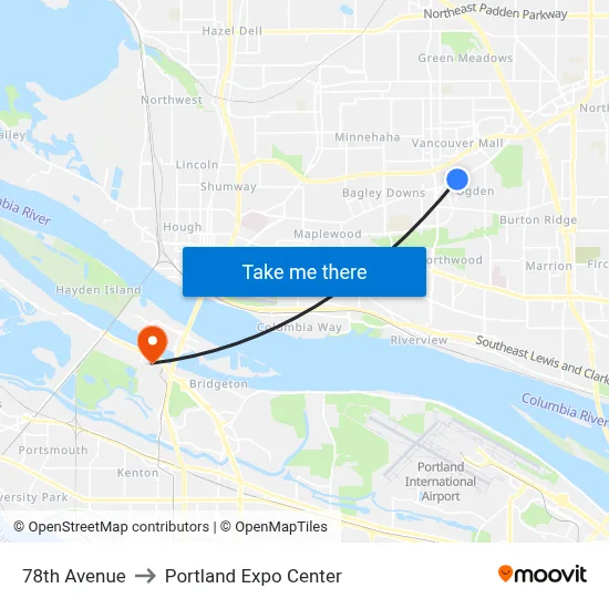 78th Avenue to Portland Expo Center map