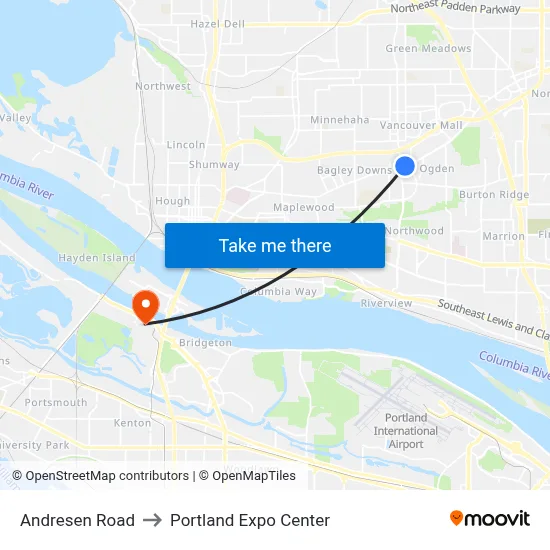 Andresen Road to Portland Expo Center map