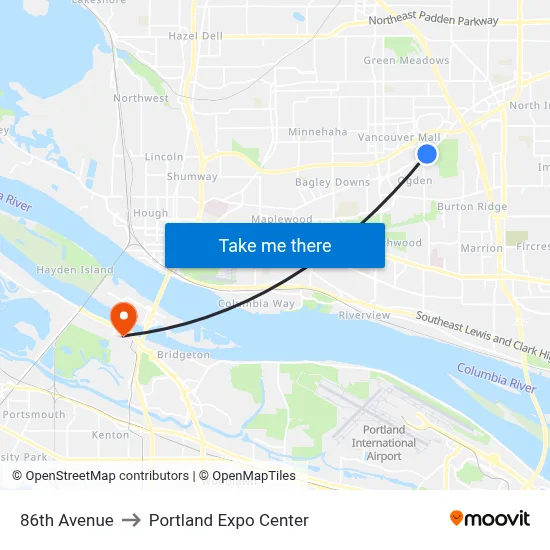 86th Avenue to Portland Expo Center map