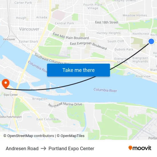 Andresen Road to Portland Expo Center map