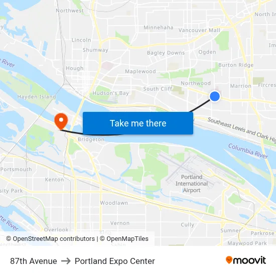 87th Avenue to Portland Expo Center map