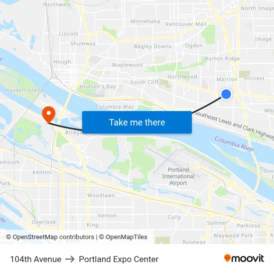 104th Avenue to Portland Expo Center map
